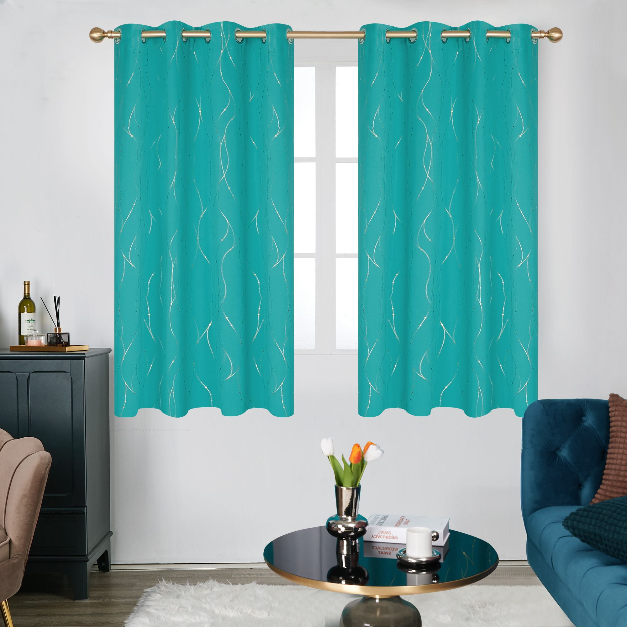 Deconovo Blackout Curtains Golden Wave Line with Dots Printed Grommet