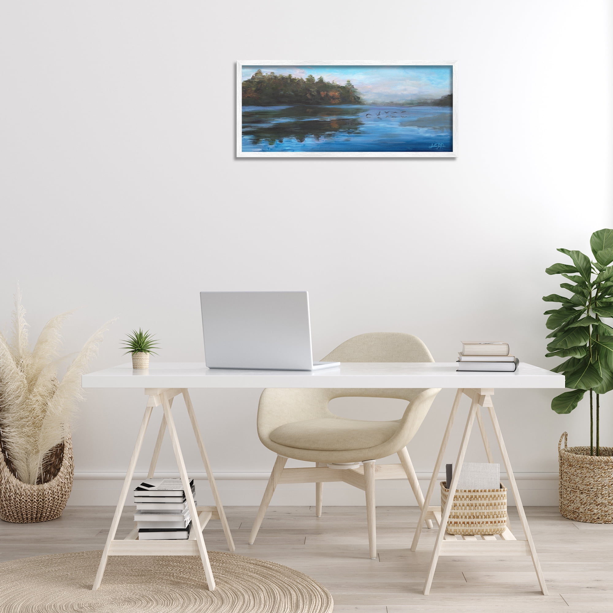 Stupell Industries Birds Along River Landscape Painting White Framed Art Print Wall Art, 30 x 13