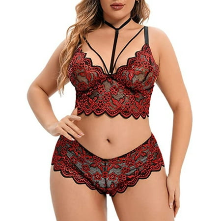 

Bras for Women Plus Size Lingerie V Neck High Waist Floral Lace Bra And Panty 2 Piece Set No Underwire Push up Bras for Women