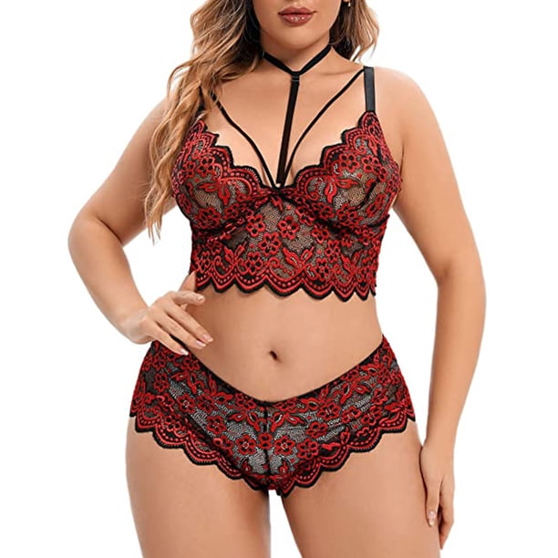 Gibobby Lencería sexy Conjunto de lencería de 2 piezas de talla grande para mujer con sujetador de tiras y bragas(Vino, 4XL)