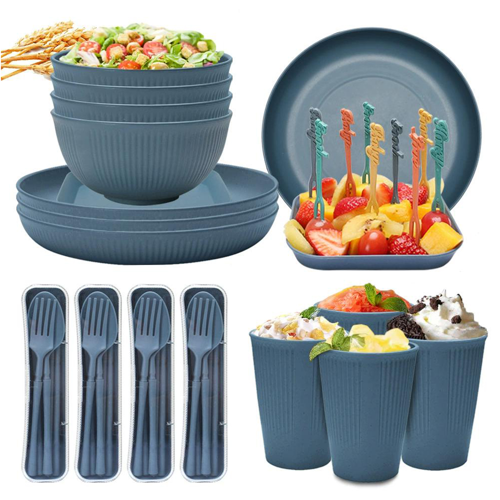 48pcs Wheat Straw Dinnerware Sets Reusable Unbreakable Dinnerware Set With Large Wheat Straw