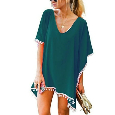 MSJUHEG Tassel Cover Up for Women Cute Coverups Chiffon Cover Up Women s Trim Kaftan Chiffon Tassels Swimwear Beach Loose Bikini Cover Up Tops Mesh Cover Up Womens Swim Suit Cover Up Green S