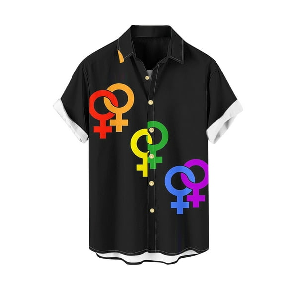 UVEASISHA Men's Novelty Beach Shirt,Mens Bowling Shirts Short Sleeve Gay Pride Rainbow Summer Button Down Hawaiian Shirt Gift 2025 Clearance Sale,Black M