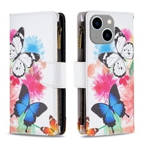 Dteck for Apple iPhone 15 Plus Handbag Pocket Case, Magnetic Patterned Leather Zipper Card Holder Wallet Flip Phone Case Kickstand Shockproof with Hand Strap Cover, Butterfly