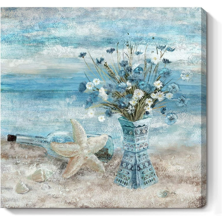 Beach Seashell Bathroom Wall Art Coastal Floral Pictures Wall Decor Flower  Starfish Canvas Painting Modern Home Decorations Artwork for Bedroom Living