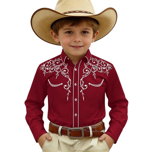 Byoo Toddler Boys T Shirt Western Embroidered Floral Pattern Long Sleeve Button-Down Cow Boy Shirt,Brick Red