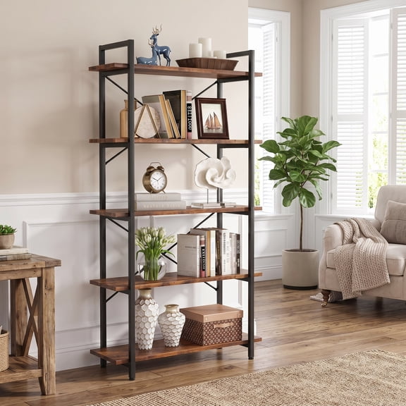 Fnova 5-Tier Industrial Storage Shelf Unit, Heavy Duty Metal Frame Open Bookcase Display for Living Room Bedroom Study Home Office