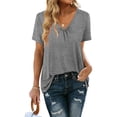 thumbnail image 2 of Moda mujer sólido pliegue Slim Fit cuello en V manga corta Casual camiseta Tops OAVQHLG3B Store lin121212, 2 of 4