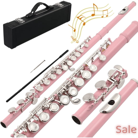 Tcbosik Holes Concert C Flute with Case, Cloth, Screwdriver, Lubricant and Cleaning Rod, Beginner Musical Instrument, Pink