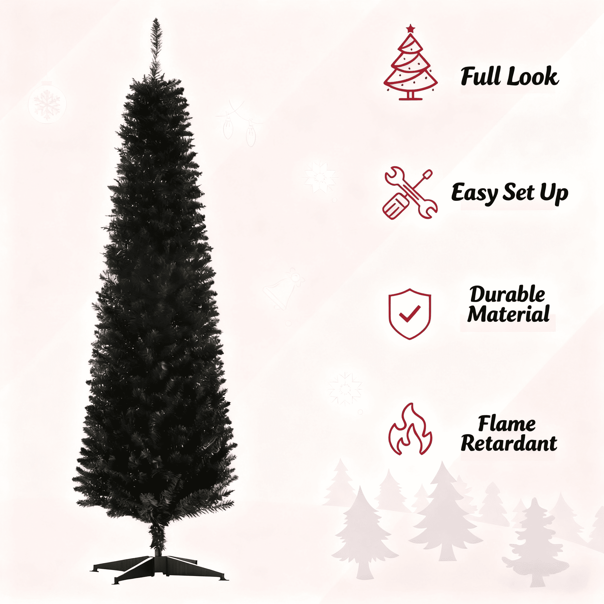 6ft Unlit Black Pencil Christmas Tree 390 Tips Easy Assembly Plastic Base Small Space Holiday Decor