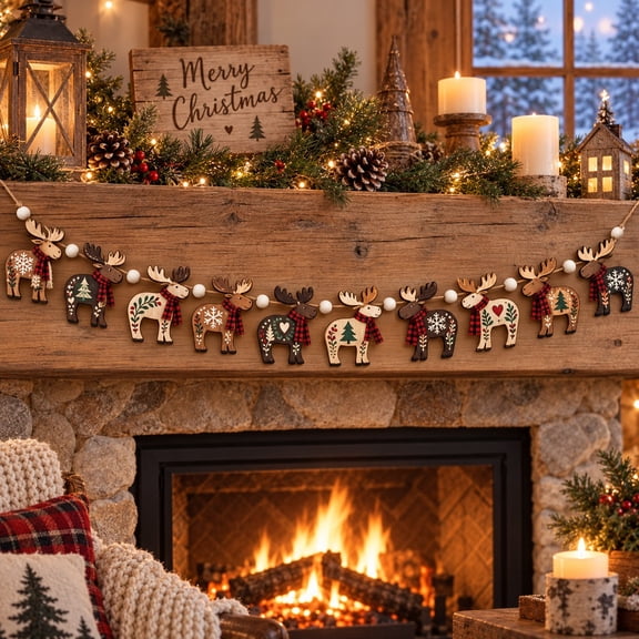 Wooden Garland Decoration Christmas Moose Mantel Hanging for Cabin Holiday Decorating