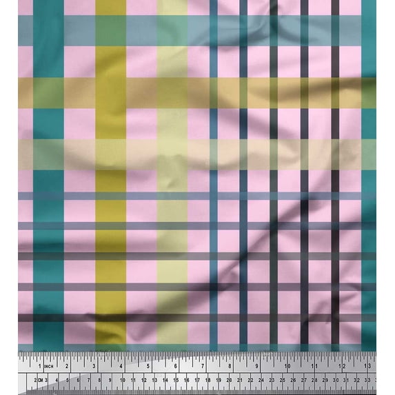 Soimoi Pink Cotton Cambric Fabric Check Check Print Fabric by the Yard 56 Inch Wide