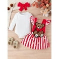 thumbnail image 4 of Musuos Baby Girl 3 Piece Set, 3 6 12 18M Long Sleeve Romper + Bear Embroidery Striped Suspender Skirt + Red Bow Headband Outfits, 4 of 10