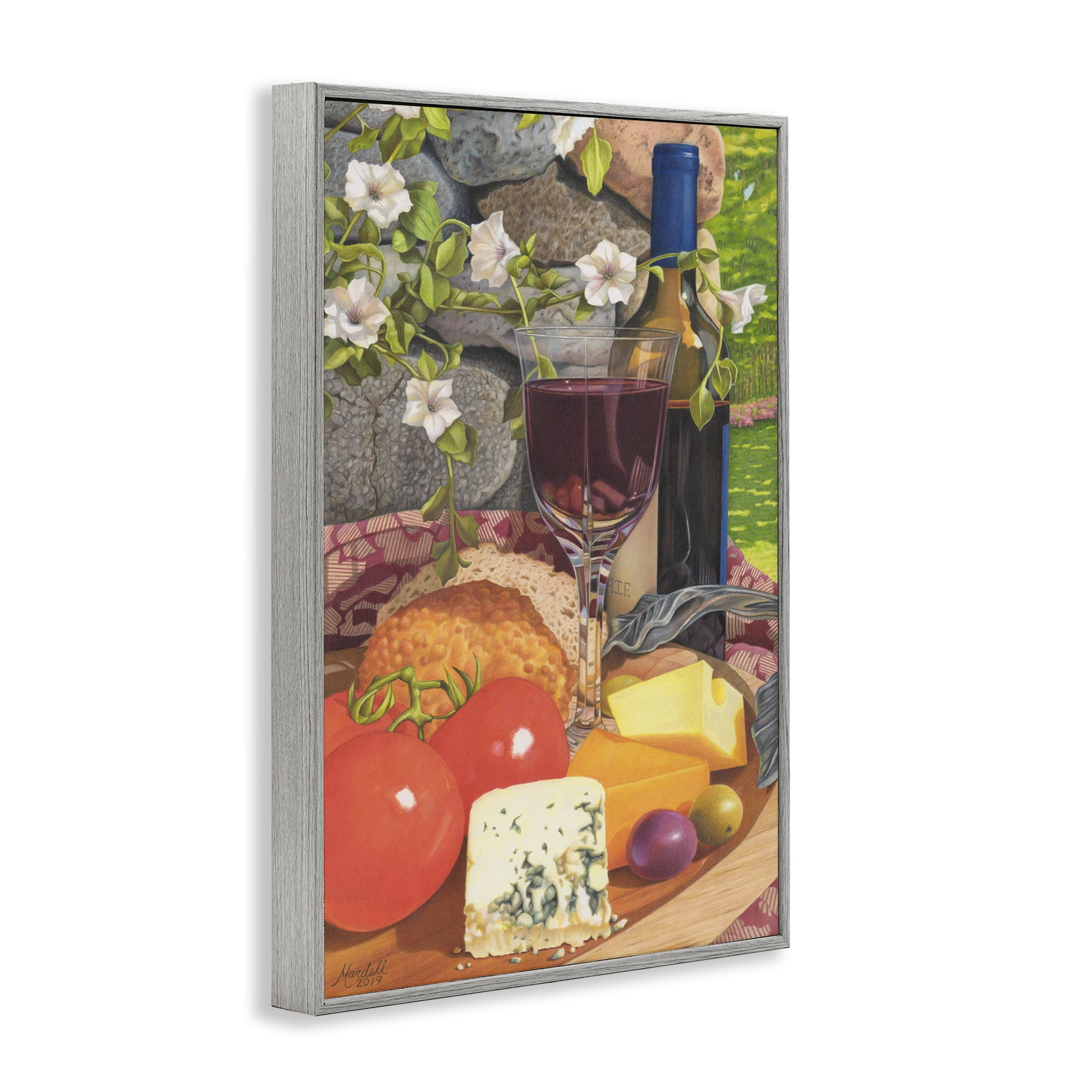 Stupell Industries Wine & Cheese Plate Food & Beverage Painting Gray Framed Art Print Wall Art, 12 x 18