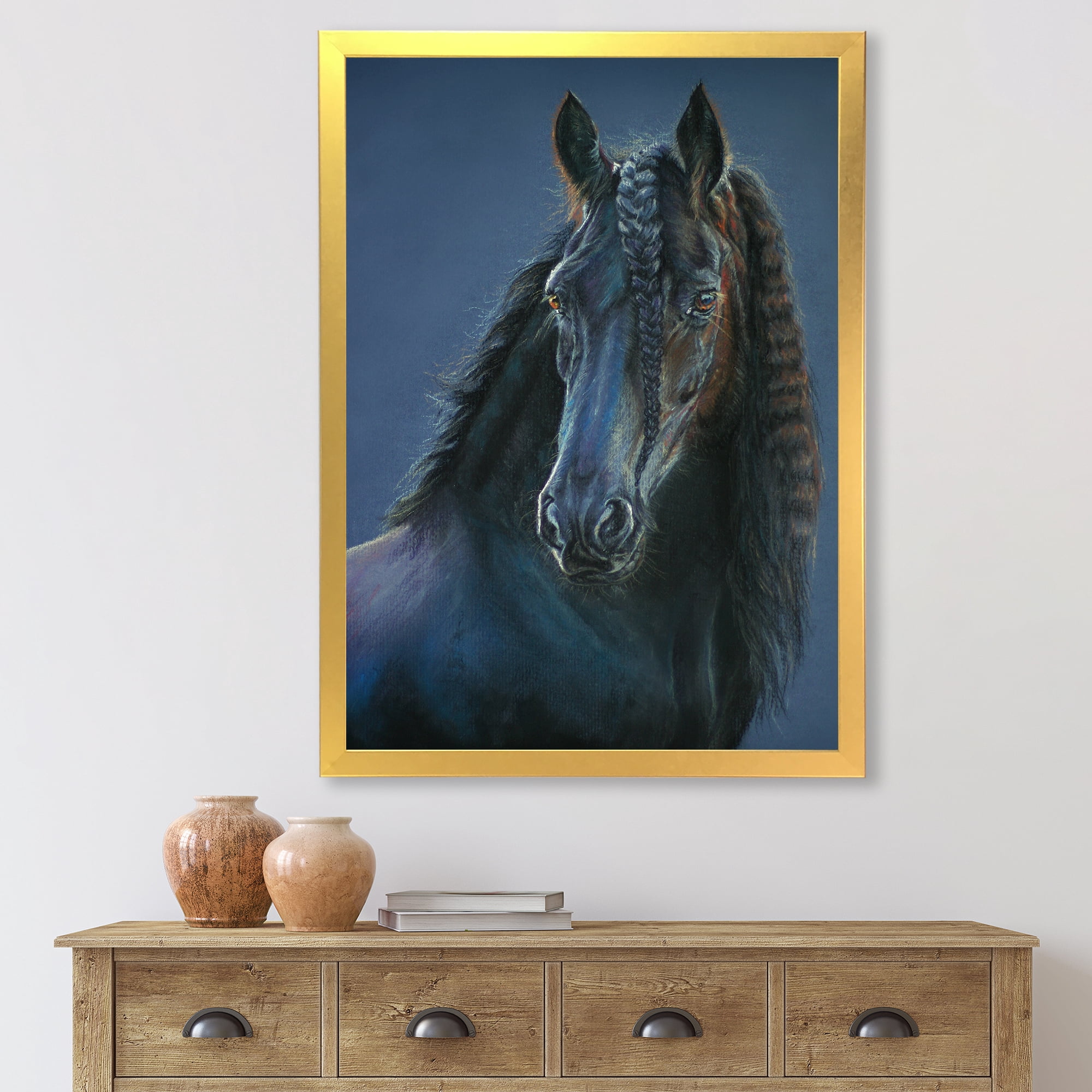 Designart 'Frisian Black Horse Portrait' Farmhouse Framed Art Print