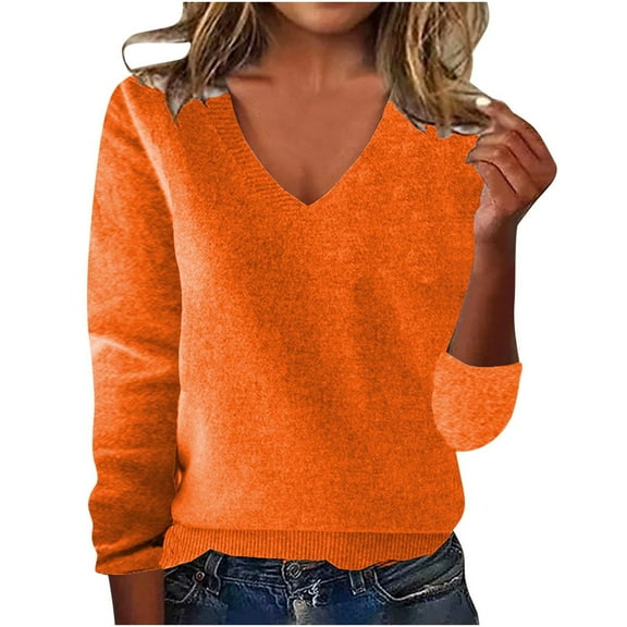 V-Neck Pullover Sweater for Women, Fall Solid Color Base Sweatshirt Causal Long Sleeve Knitted Tops