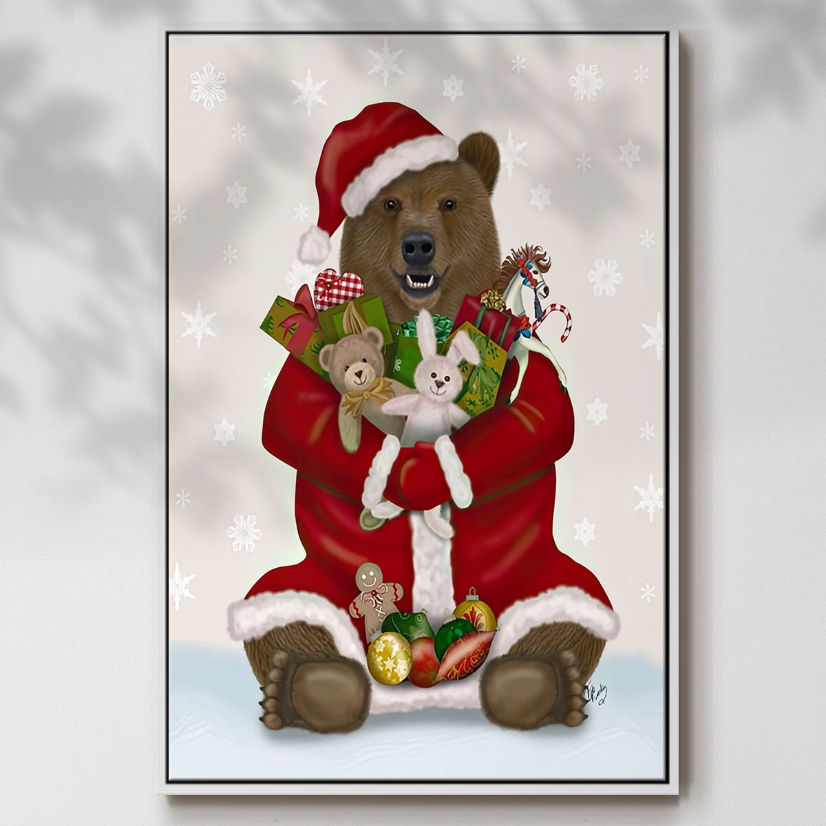 Christmas Christmas Present Bear Hug - Framed Gallery Wrapped Holiday Canvas - 17 x 25 - White Frame