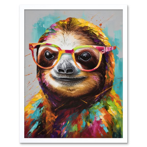 Colourful Sloth with Glasses Modern Folk Art Art Print Framed Poster Wall Decor 12x16 inch