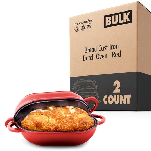 Enameled Cast Iron Bread Oven 2 Qt (Red), Non-Stick Single Loaf Cast Iron Bread Pan with Lid, Easy Homemade Sourdough Dutch Oven, Oven-Safe Artisan Bread Baking Pan 2 Count
