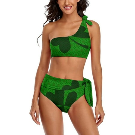 Clover Pattern One Shoulder Bowknot Swimsuit Two Piece Swimsuit Knot Crop Top Bikini High Waisted Bathing Suit