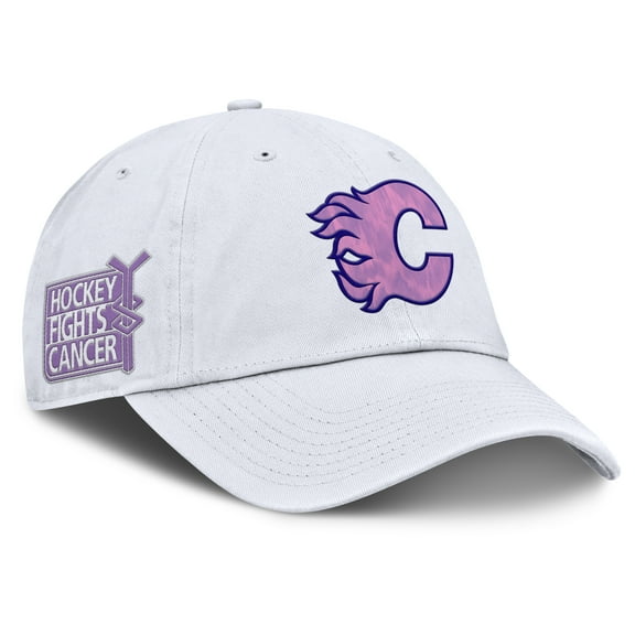Men's-Fanatics  White Calgary Flames Authentic Pro Hockey Fights Cancer Adjustable Hat
