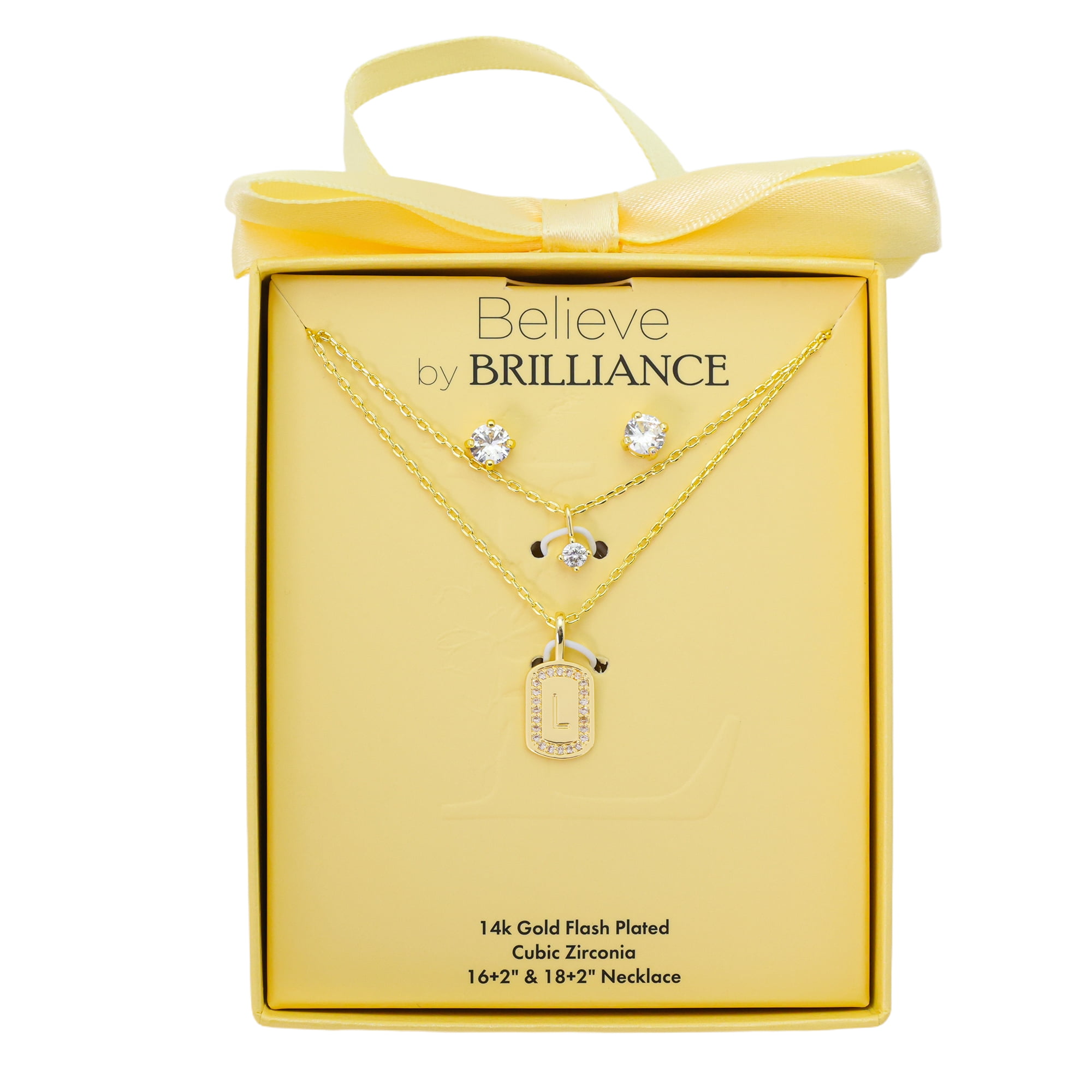 Believe by Brilliance Women's 14Kt Gold Flash Plated Cubic Zirconia Double Layer Tag "L" Necklace and Earring Set