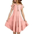 thumbnail image 4 of Jinhomg Plain Dress for Little Girl Flowy Comfy Ruffle Sleeve Midi Dress Casual Loose Solid Tiered Sundresses Spring Summer Vacation Dress Winter Saving Pink 6 Years, 4 of 8