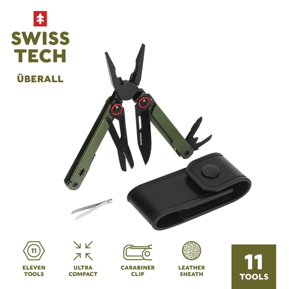 Swiss Tech Uberall AUS-8 Steel 11-in-1 Multi Tool with Carabiner & Leather Sheath, Olive