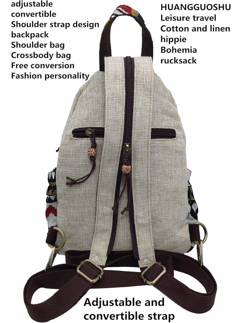 Zaino Donna HUANGGUOSHU In Cotone E Lino Hippie Boho Con Ricami - 33x25cm, 9 Tasche, Convertibile In Tracolla - 5