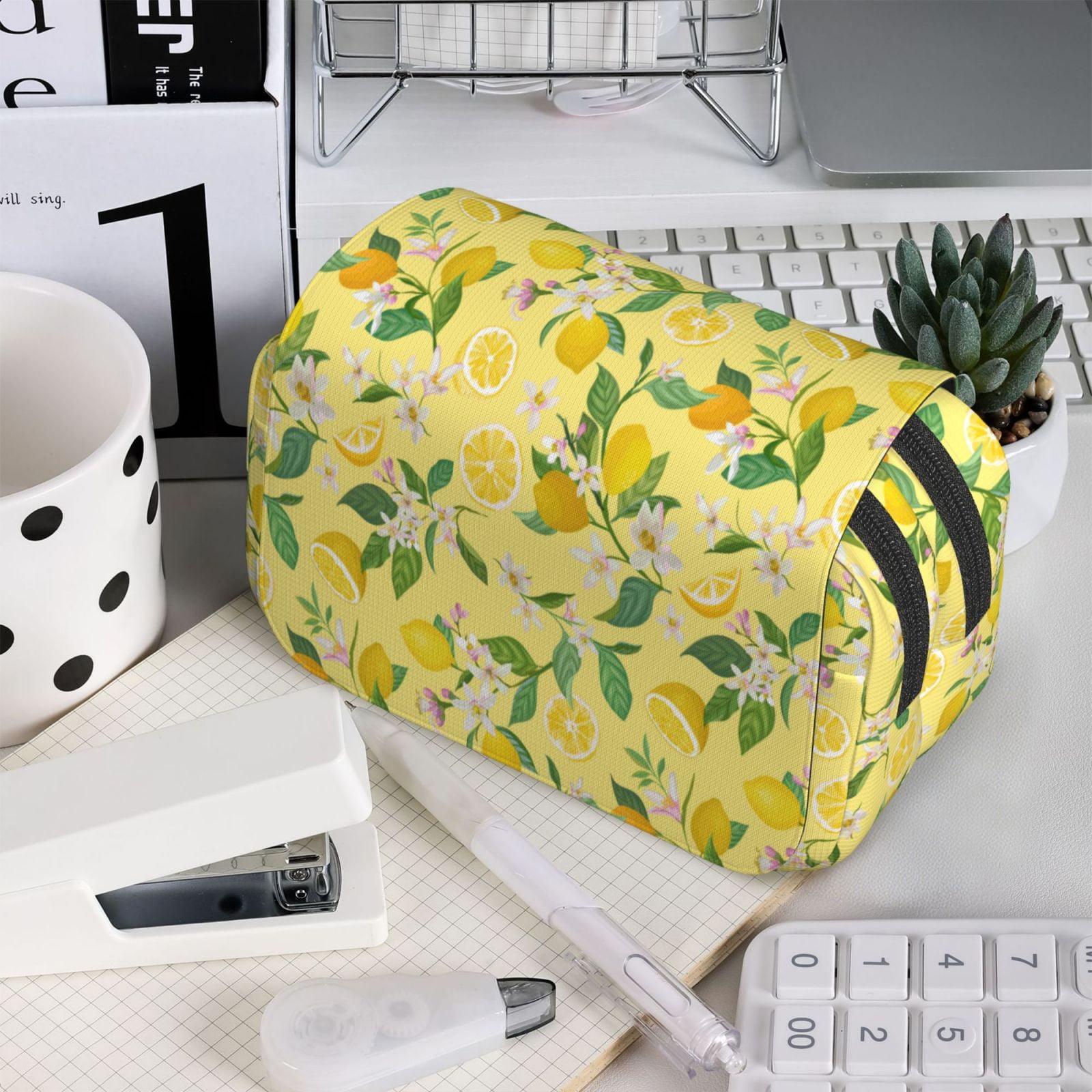 Rateoe Lemon (2) Pattern Double Clamshell Pen Case, Storage Organizer with Two Zipper Compartments– Holds Up to 50 Pencils & Pens