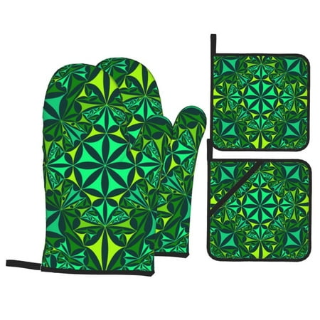 

Oven Mitts and Pot Holders Set Baking 4-Piece Set for Kitchen for Outdoor BBQ Mitts Heat Resistant Cooking Green Shades Kaleidoscope Pattern