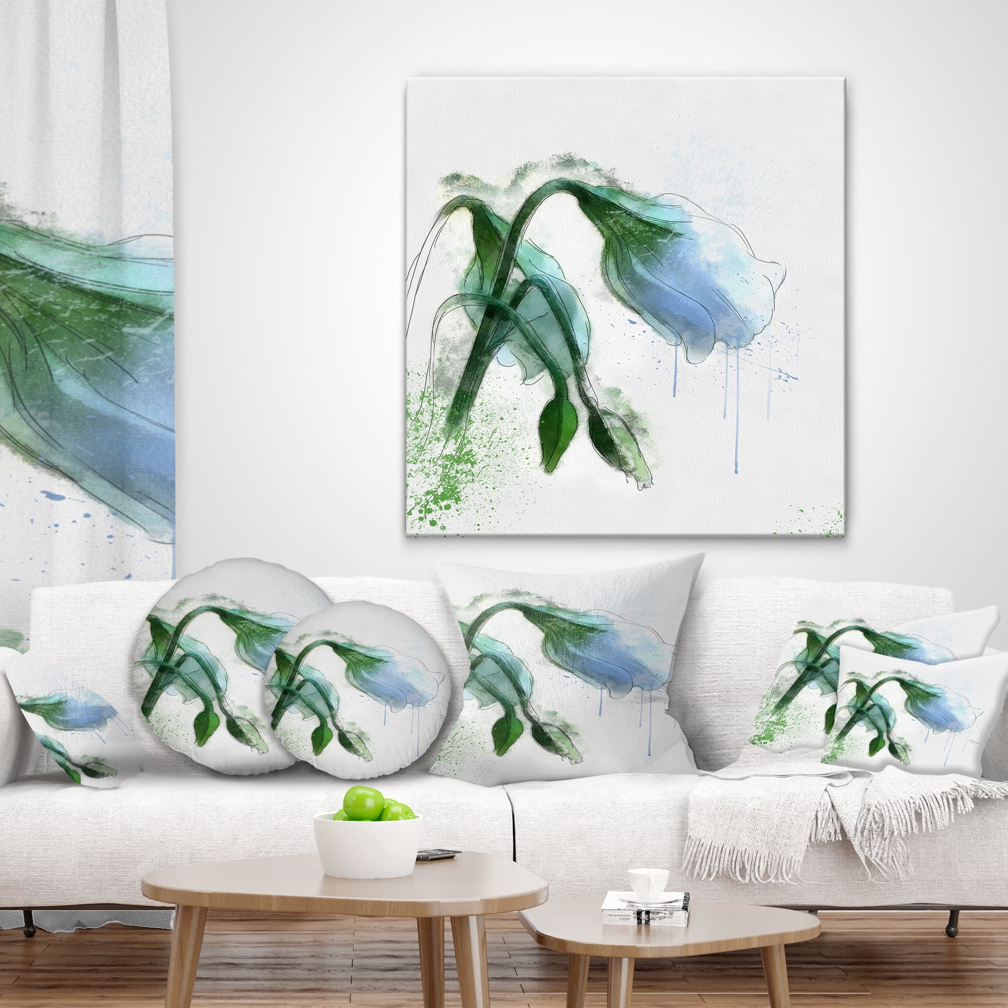 Designart Green Tulip Sketch Watercolor - Floral Throw Pillow - 18x18