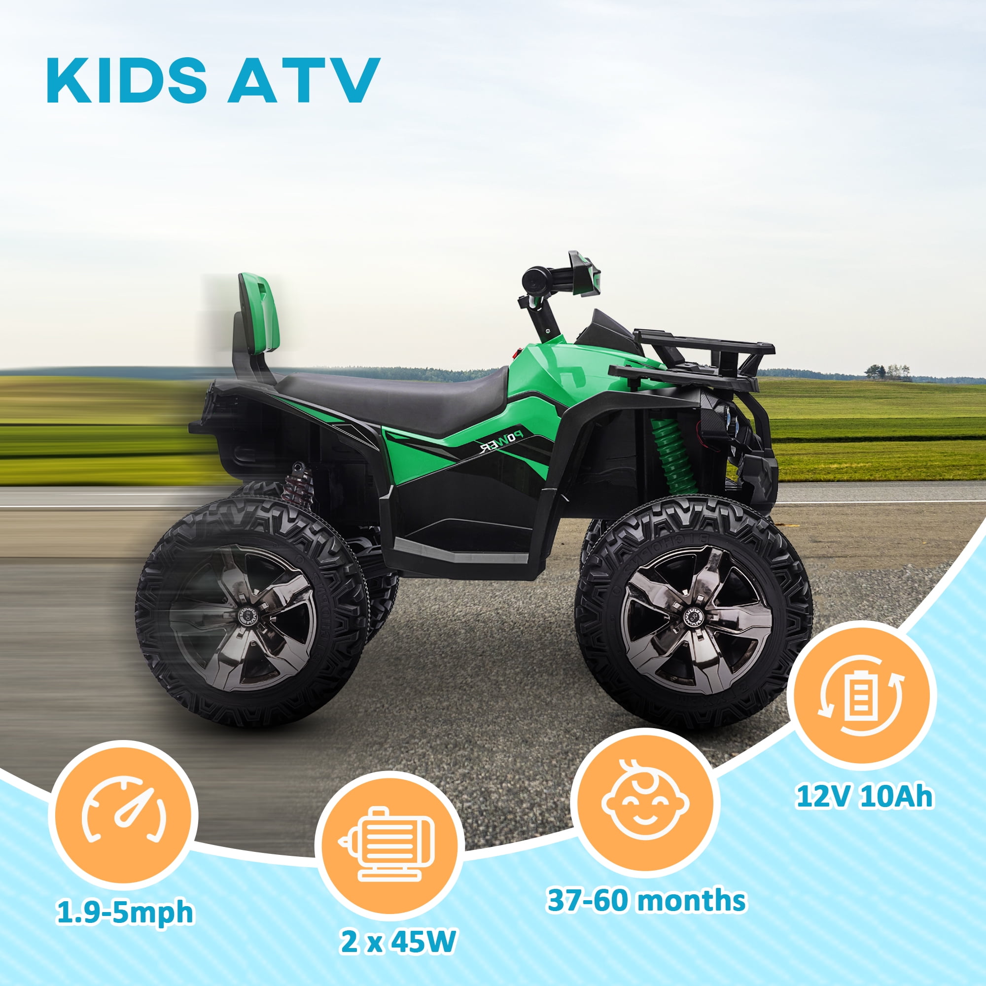 Aosom Kids ATV, 12V 4 Wheeler Ride on Quad Car Toy with Music, Headlights, Battery Powered Electric Vehicle for Boys and Girls, Green
