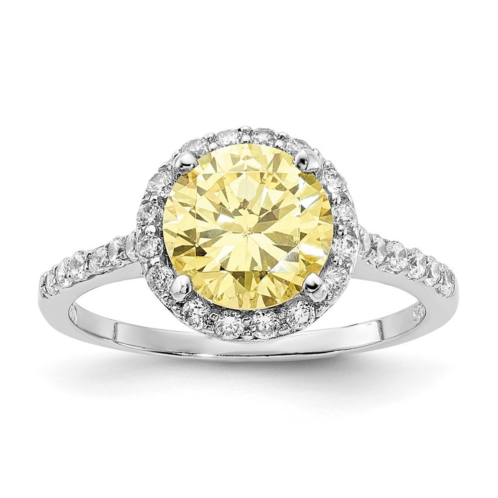 Diamond2Deal 925 Sterling Silver Rhodium-plated Canary Yellow CZ Center with CZ Halo Ring for Women Size- 7