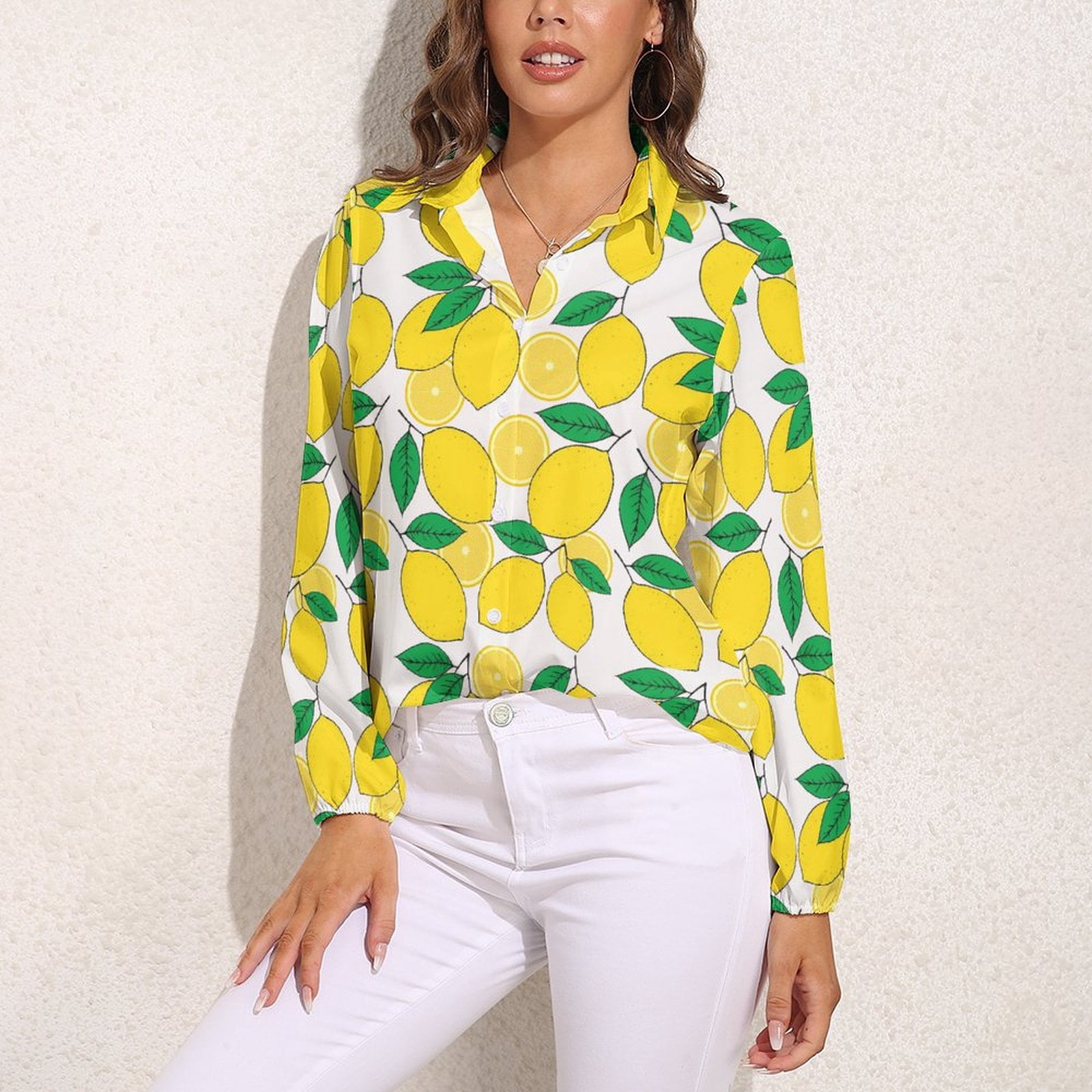 Lemon Print Lemon Leaves Long Sleeve Blouse Woman Streetwear