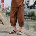thumbnail image 7 of JUUYY Men's Linen Cropped Trousers Hippie Harem Pants 3/4 Length Pants Elasticated Waist Trouser Solid Color Shorts Baggy Beach Pants Coffee XL, 7 of 7