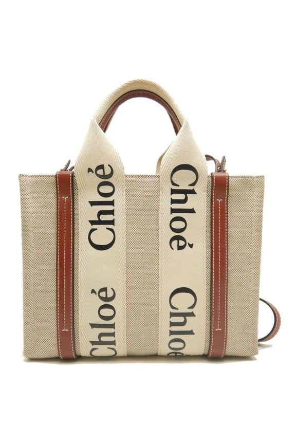 Pre-Owned Chlo Chloe Woody Small Tote CHC22AS397I2690U Bag Cotton x Calfskin White Brown...