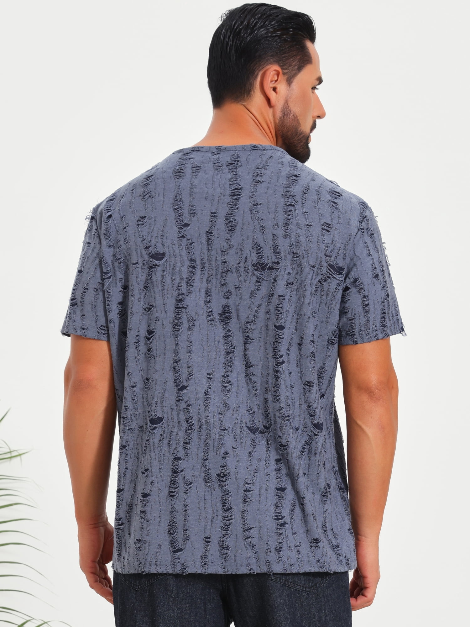 DARING DIVA Men's Ripped Henley Retro Short Sleeve Button Down T-Shirt S Gray Blue
