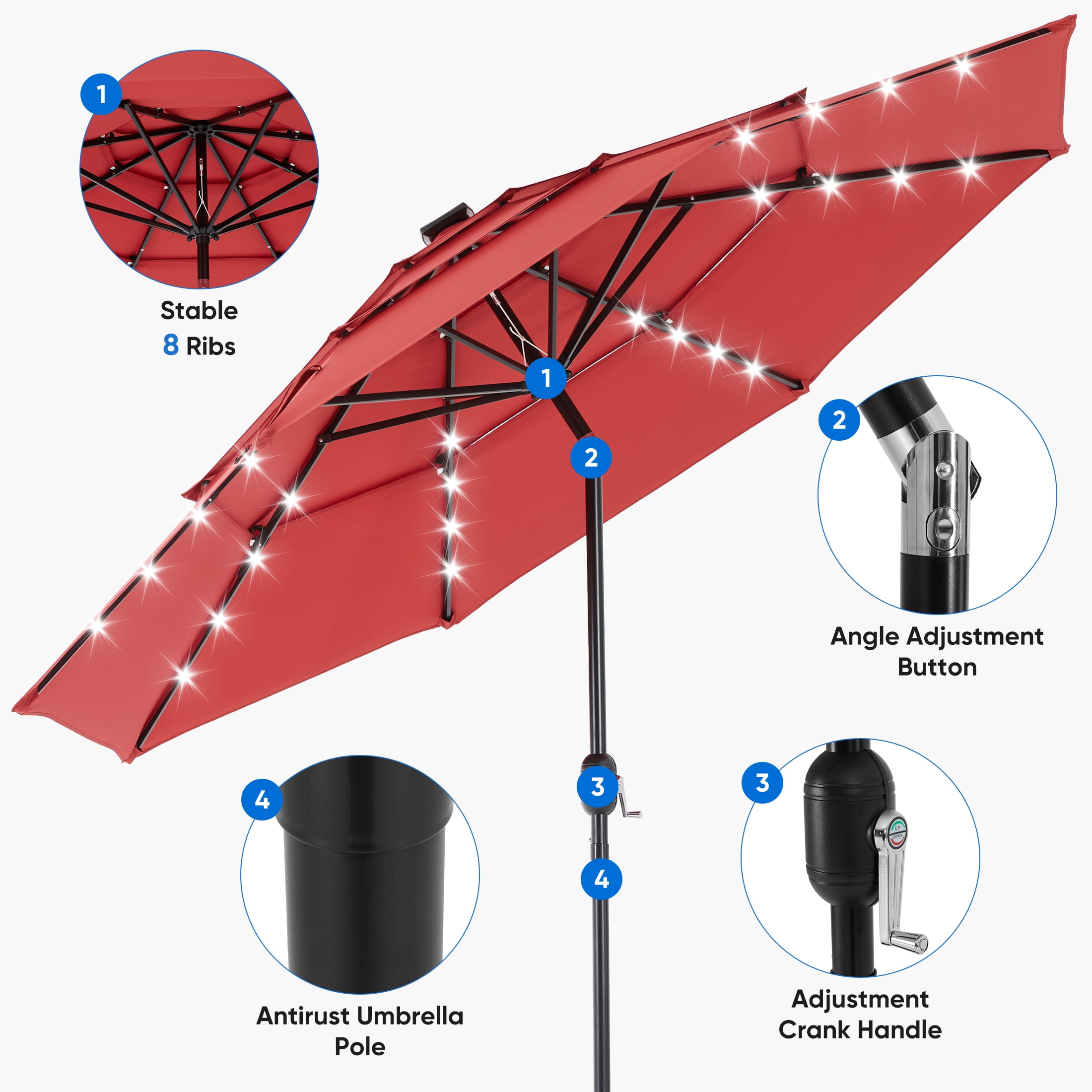 SHOUFTW 9.2ft 3-Tier Solar Patio Umbrella with LED Lights, Tilt, Crank, for Garden, Deck, Pool, Red
