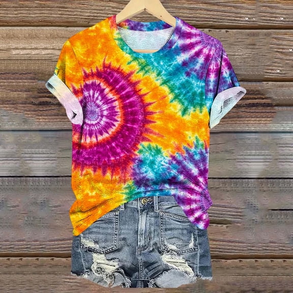 Guluxicc Plus Size Tops Womens Tie Dye Gradient Tshirts Summer Short Sleeve Workout Hikking Tees Hippie Rainbow Shirts Hip Hop Shirts