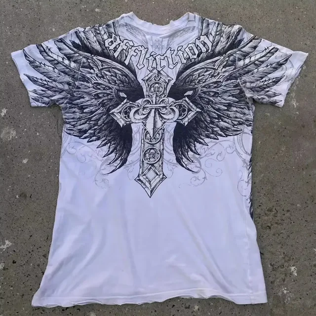 T-shirt Affliction Rouge des Années 90 Homme Américain Rétro Coton Col Rond Chemise Lavée Hip-Hop Couple Spéciaux d'Été Porter Goth T-Shirts