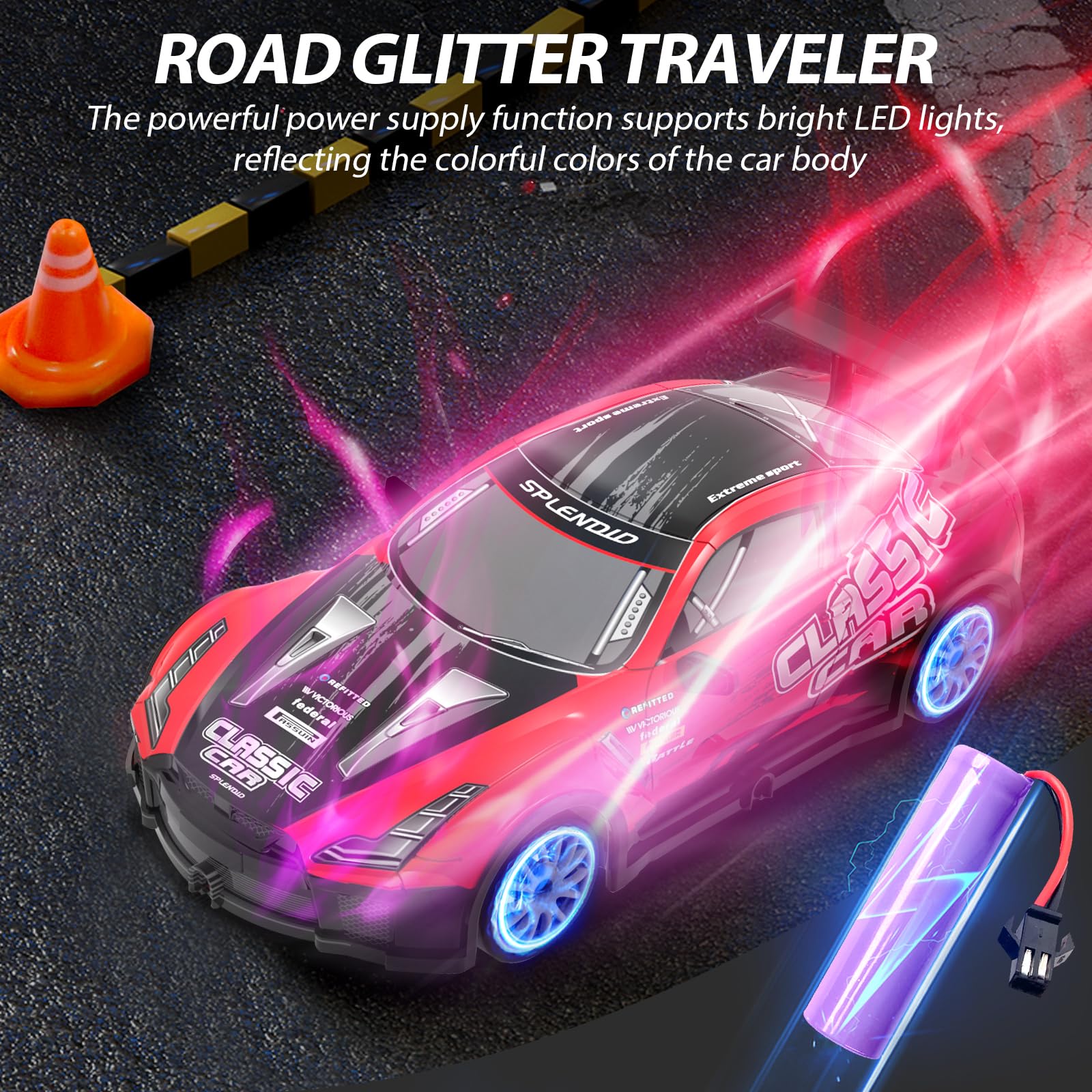 RC Drift Car, 1/20 Remote Control Car for Kids, 4WD Remote Control Sport Racing On-Road Vehicle High Speed with LED Light for Boys Girls Gifts Toys , Red