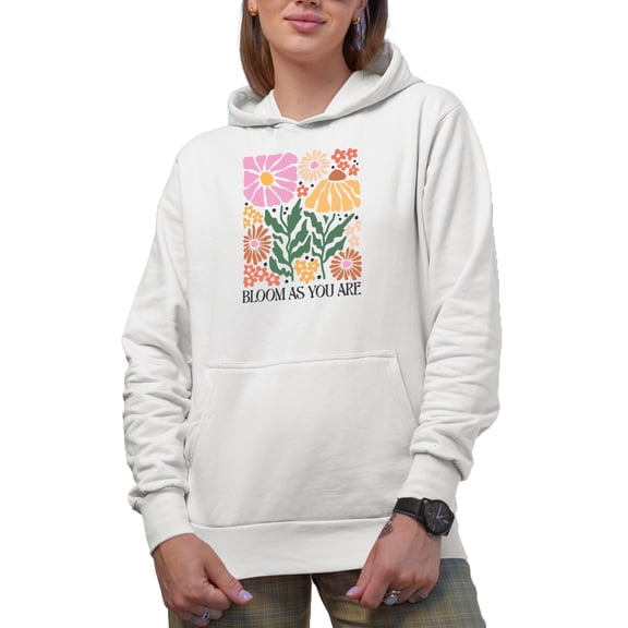 Bloom As You Are, Botanical Boho Flowers Art Merch Gift, White Hooded Sweatshirt or Hoodie, Small