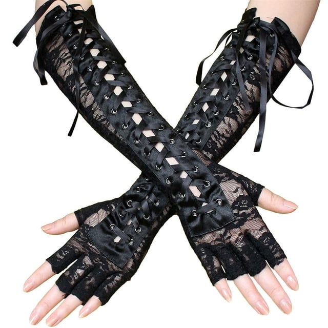 Mujeres Sexy Encaje Vendaje Guantes Largos Hasta El Codo Guantes Cinta Remache Medio Dedo Guantes Para Club Nocturno Cosplay Mascarada Scienceny AP007546-01
