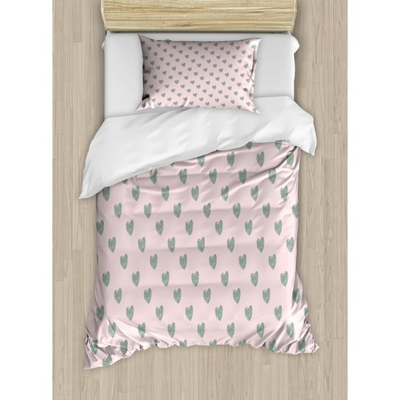 Hearts Duvet Cover Set Twin Size, Sketched Shapes Romantic Full of Love Simple but Effective Valentines Theme, Decorative 2 Piece Bedding Set with 1 Pillow Sham, Dark Sea Green Rose, by Ambesonne