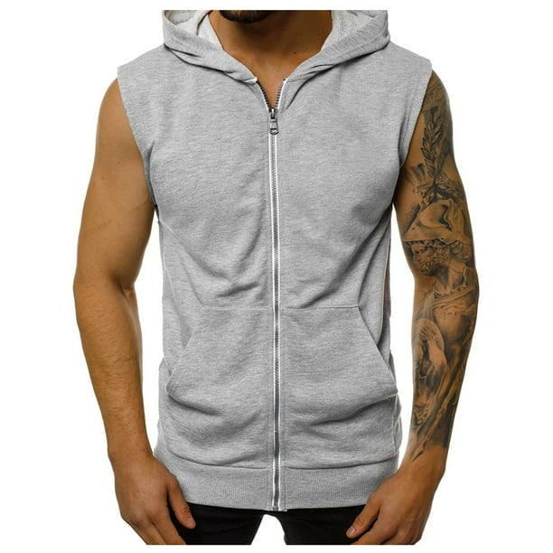 Mens Zipper Up Workout Hooded Tank Tops With Pockets Bodybuilding Sleeveless Muscle T Shirt Fitness Training Hoodies XL