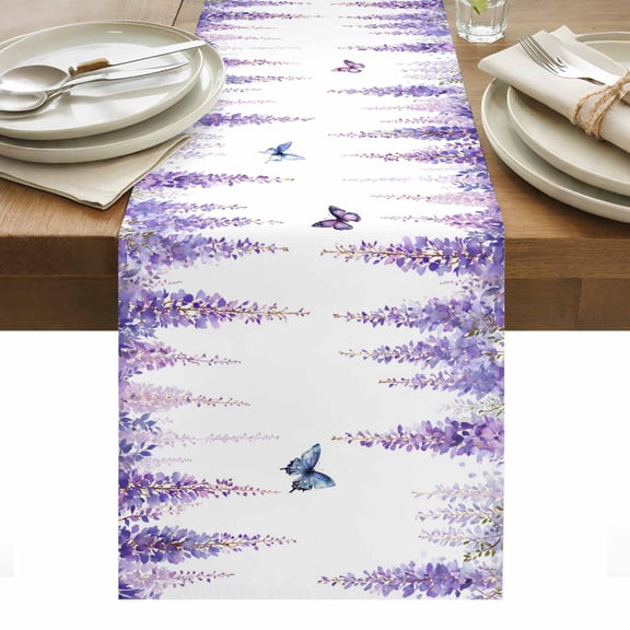 Wisteria Table Runner - 70 Inch Long, Kitchen Dining Table Runner Dresser Scarves, Purple Flowers Butterflies Vintage Spring Farmhouse Decor for Coffee Tables Wedding Party Banquet