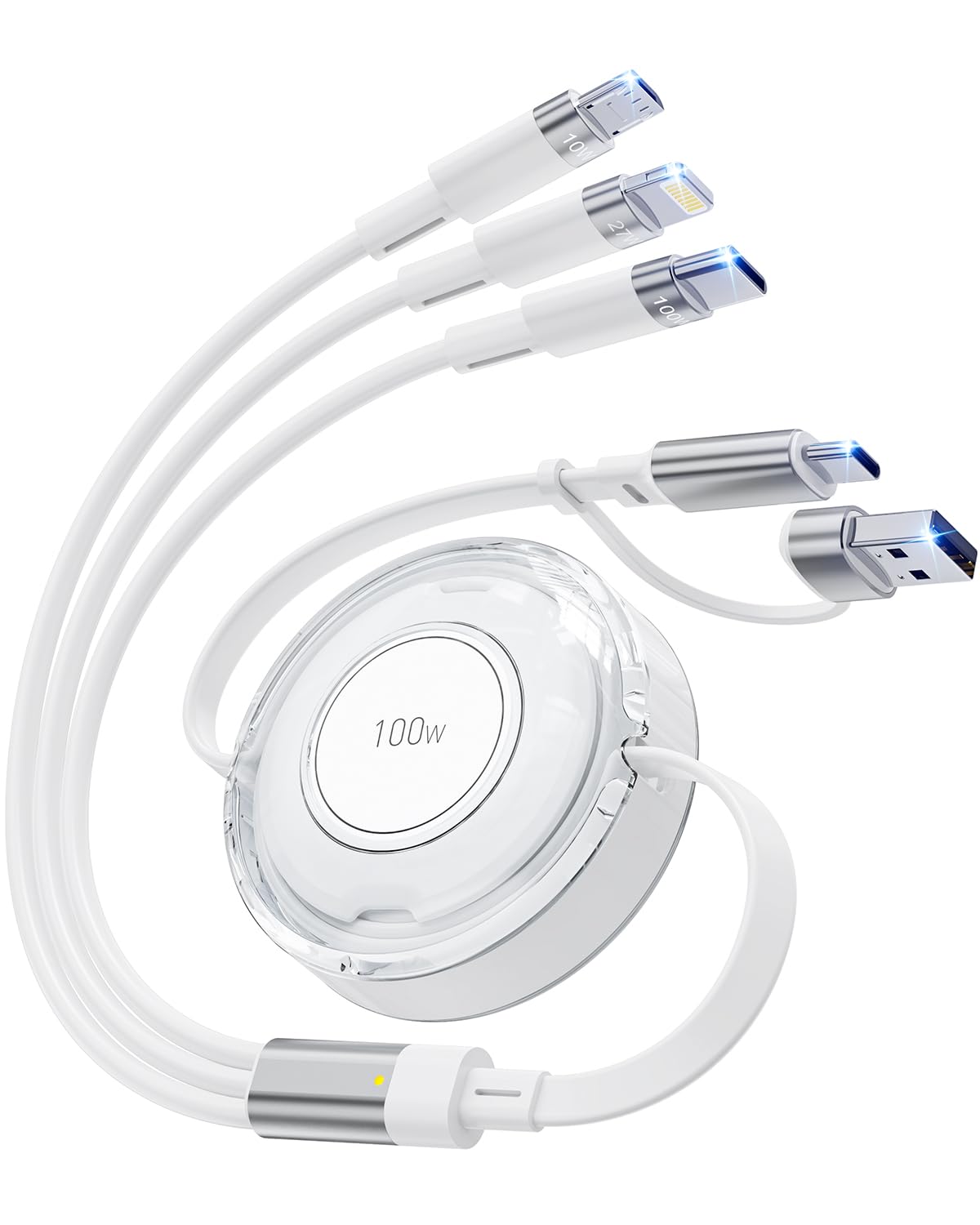 FEFEFW-100W 5-in-1 Retractable Multi Charging Cable, Retractable USB C and Lightning Fast Charging Cables for Multiple Devices Compatible with iPhones, iPads, Tablets, Galaxy, Note & More - 4Ft/1.2M,