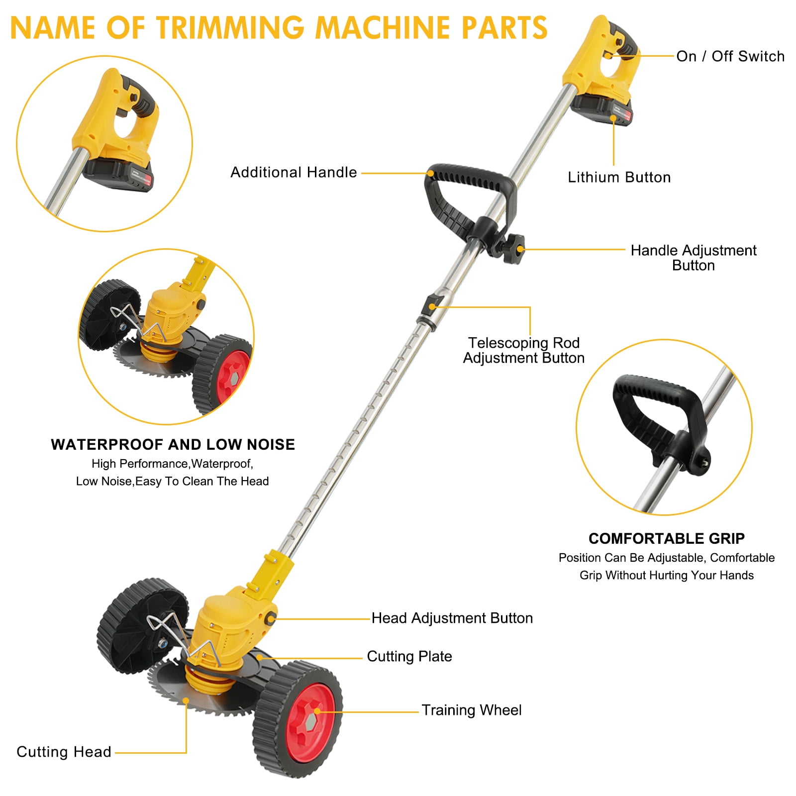 24V 3-in-1 Cordless Weed Wacker with Wheels, Cordless Grass Trimmer with 1*2000mAh Battery Powered Lawn Garden Tool