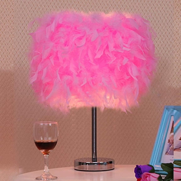 Feathers Table Lamp Vintage Elegant Bedside Desk Night Light Pink Lampshade For Bedroom Foyer Living Reading Sitting Room